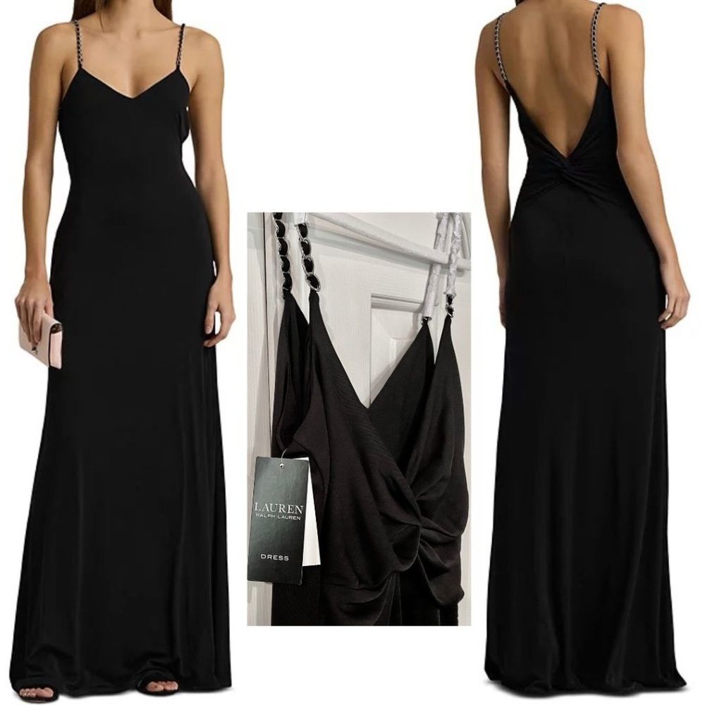 New! 8 Lauren Ralph Twist Back Black Gown Jersey Maxi Dress Chain Straps, Formal